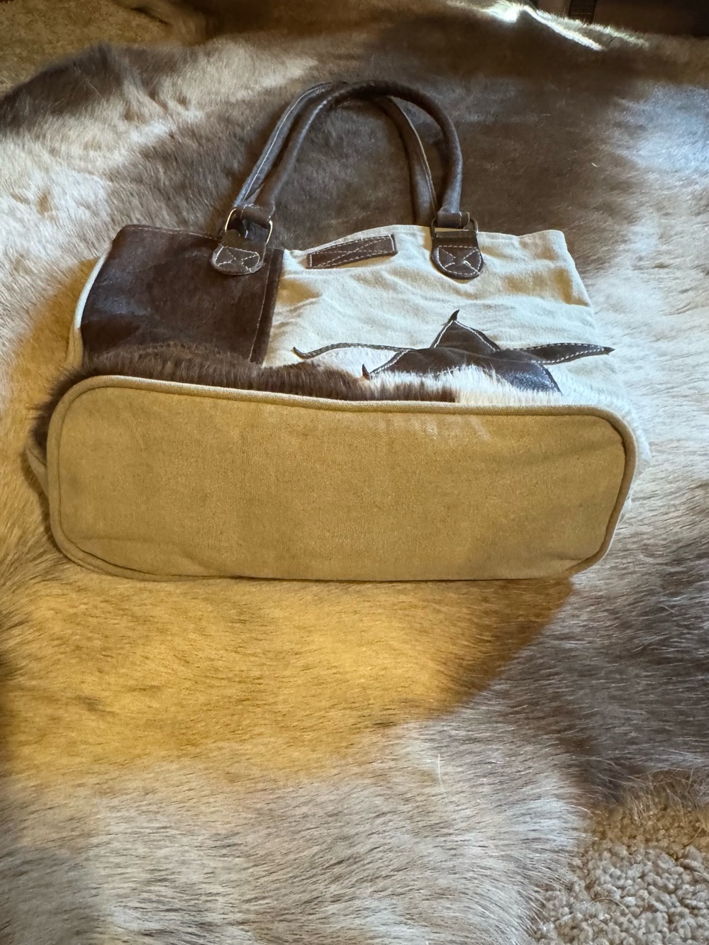 Canvas and Leather Two-Tone Tote Bag in Brown and Cream
